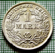 GERMANY Empire Wilhelm II 1914 D 1 MARK, Silver UNC Lustre pre-WWI coinage