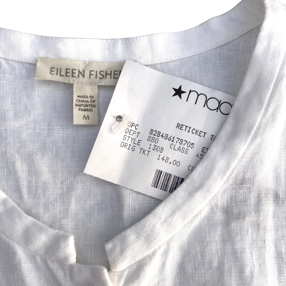 Eileen Fisher Wms 亚麻纽扣短袖上衣 M 白色海岸度假装 — 第 4/4 张图片