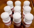Set of 9 Vintage MCM BELGIUM Milk Glass APOTHECARY/SPICE JAR Bubble Top Red Trim