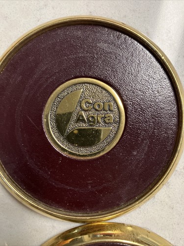 Solid BRASS and Brown LEATHER 4 CON Agra COASTERS with CORK Bottom - Picture 3 of 5