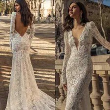 Sexy Vintage Mermaid Lace Wedding Dresses Deep V Neck Long Sleeve Bridal Gowns
