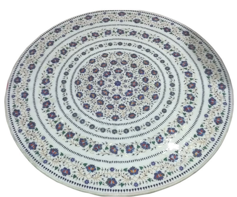 42-inch handcrafted marble tabletop with floral inlay and multi-precious stone detailing