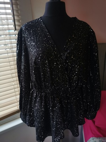 Peplum Black Blouse Sparkly Size 24 - Picture 2 of 7