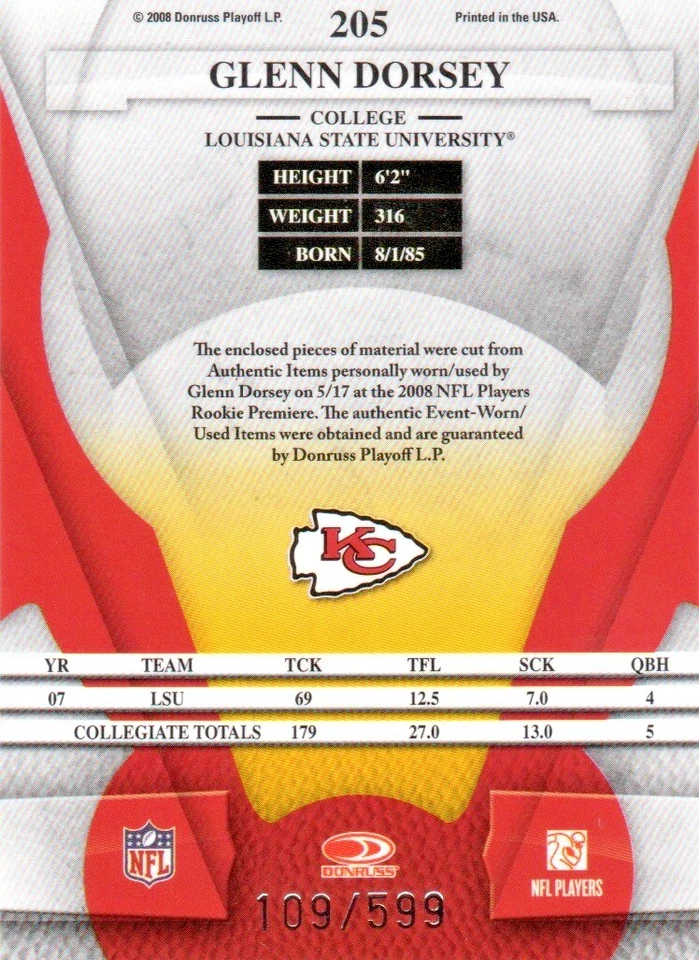 2008 Donruss Leaf Certified Chiefs Glenn Dorsey Freshman Fabric Seral #109/599 - Image 2 of 2
