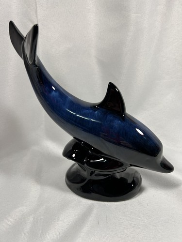 Vintage Blue Mountain Pottery Dolphin Figurine Statue Cobalt Blue Black Glaze - Picture 2 of 12