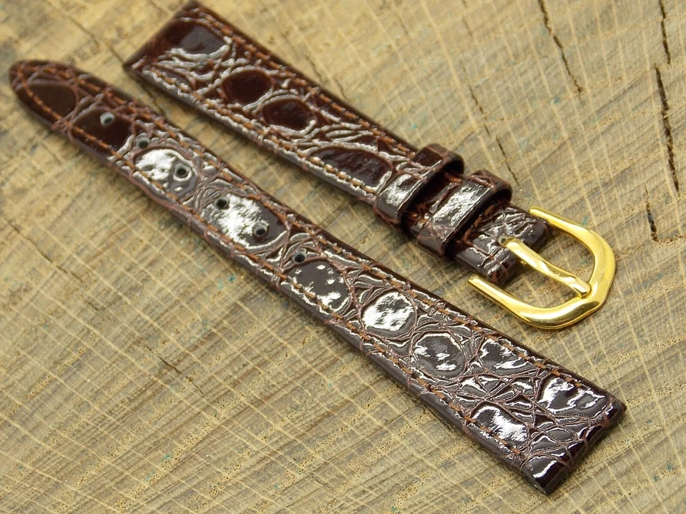 Correa de reloj Band-It NOS de colección de grano de cocodrilo con hebilla de tono dorado 14 mm Foto 3 de 4