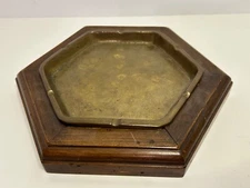 Vtg SARREID Ltd. Ash Tray MCM Hexagone Brass Inset with Wood Base 11" Spain