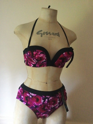 Gossard Plunge Bandeau Bikini Set 32C Oberteil XS Slip Neu mit Etikett Rosa Blumen