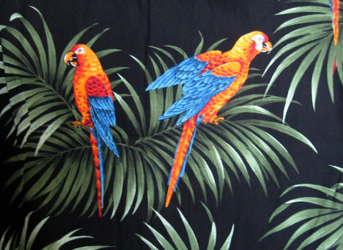 KY's Original Camisa Hawaiana Loro en todas Partes Parrot Allover Negro
