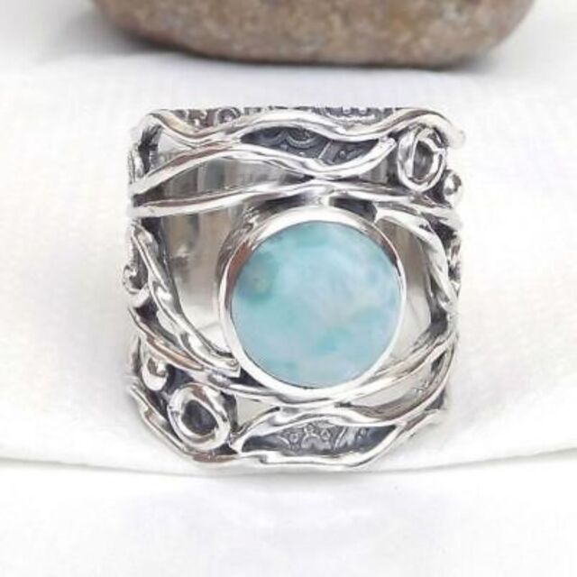 Larimar Band Ring 925 Sterling Silver Ring Handmade Jewelry Ring - H-01