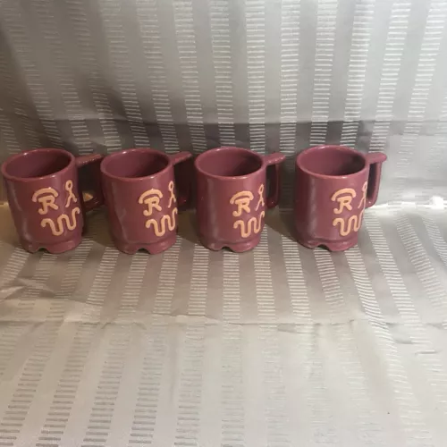 Frankoma Pottery Vintage Mugs Longhorn Rodeo Ranch Brands Rare Cabernet/Burgandy