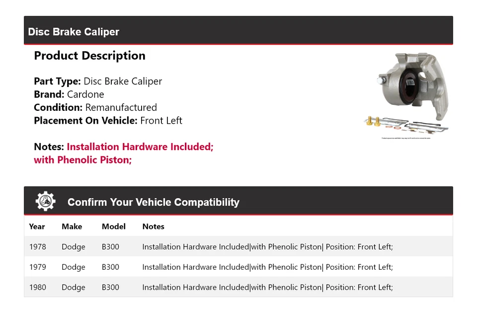 For 1978-1980 Dodge B300 Disc Brake Caliper Front Left Cardone 1979 - Image 2 of 4