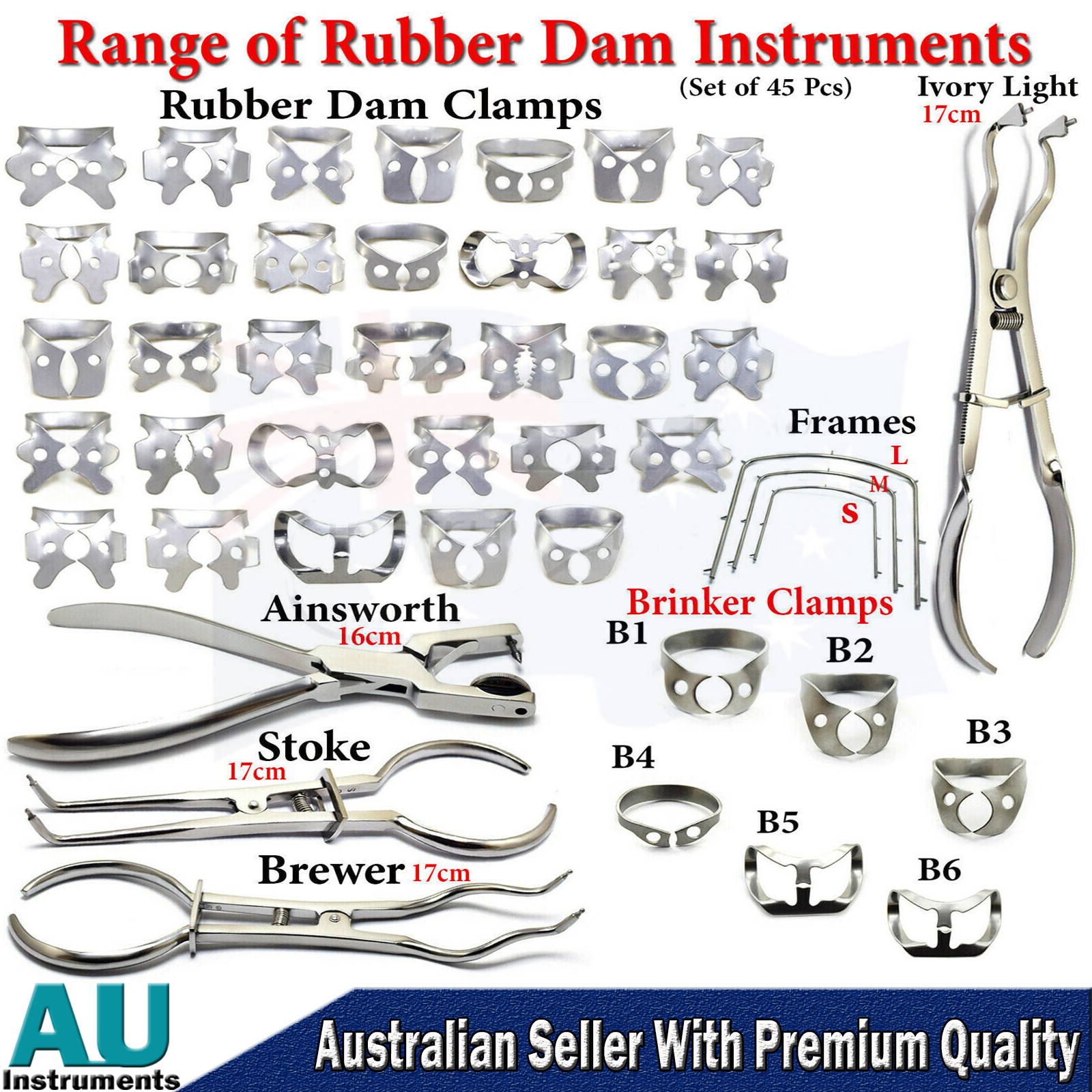 Dental Instruments Rubber Dam Kit Frame Punch Plier Brinkers Clamps Ainsworth CE