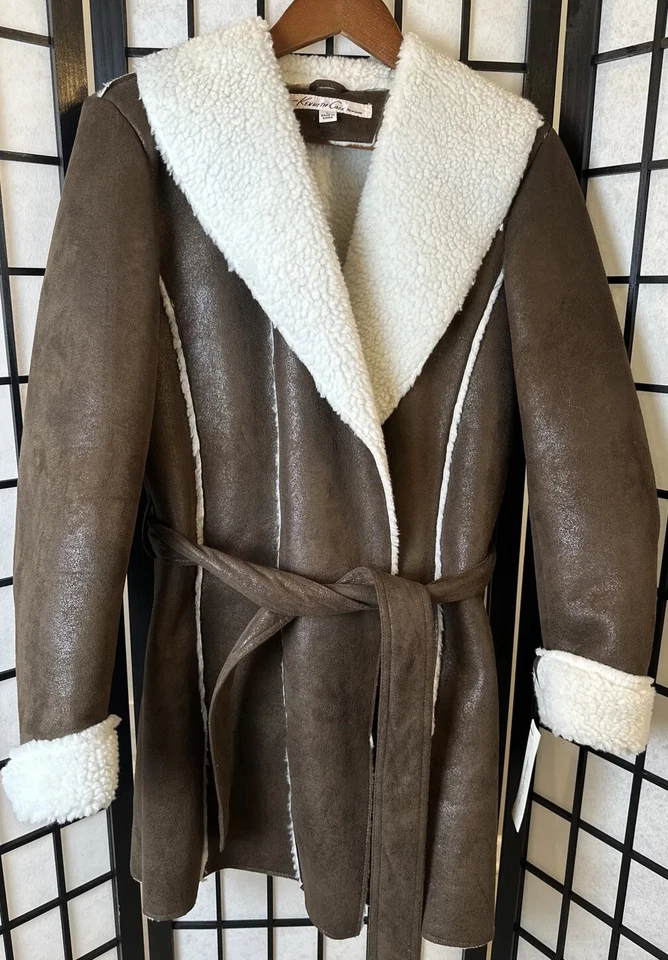 Nuevo con etiquetas Abrigo Chaqueta Kenneth Cole Vintage Marrón Imitación Cuero Gamuza Polar Piel Talla L Foto 3 de 4