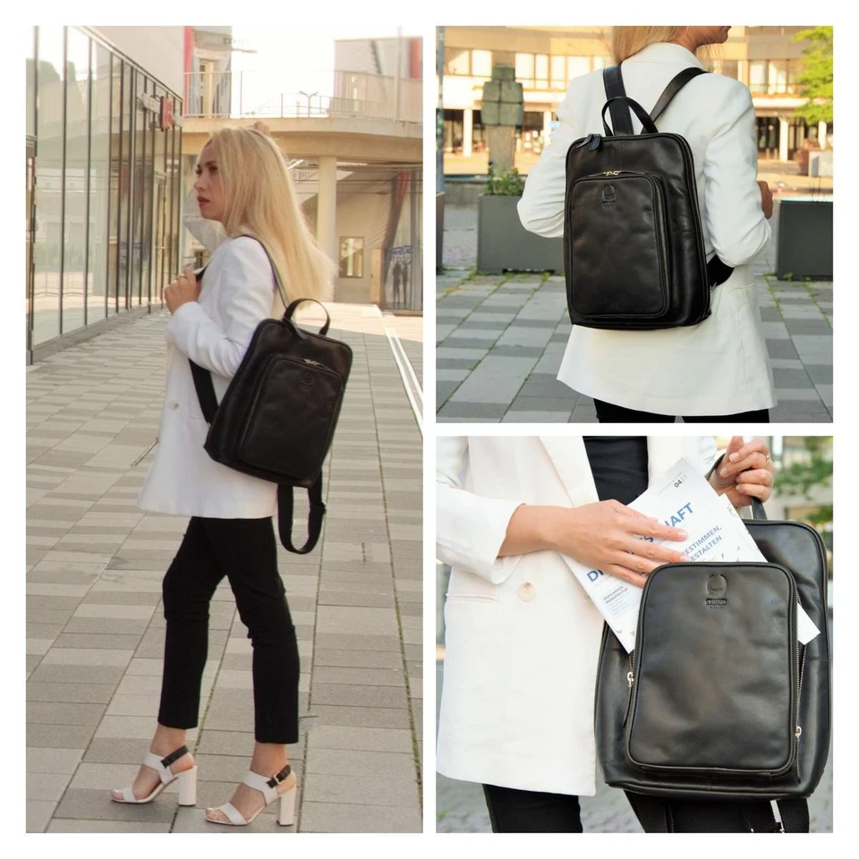 HANDMADE Rucksack Damen Leder Rucksack Freitag Backpack University Schwarz - Bild 2 von 4