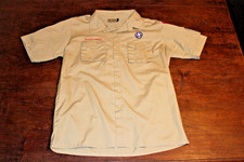 Boy Scouts of America BSA Men's Shirt Tan Large Sewn Patches Short Sleeve