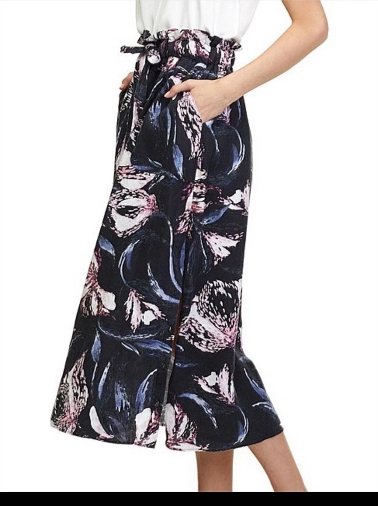 COUNTRY ROAD Linen Floral Skirt Midi Paper bag waist Size 6 Colourful