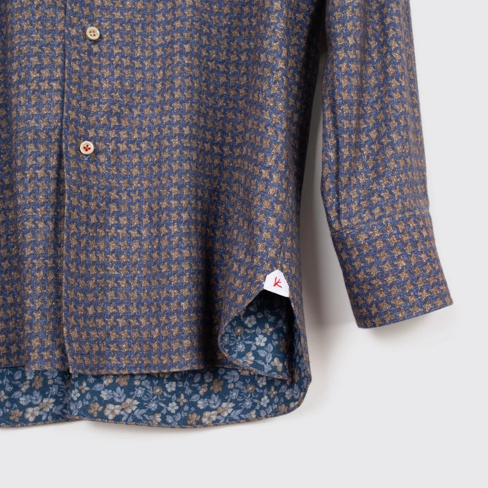 Camisa Deportiva Isaia Napoli Talla 16.5 Hombre Marrón Azul Estampado Geométrico Algodón Franela Foto 3 de 4