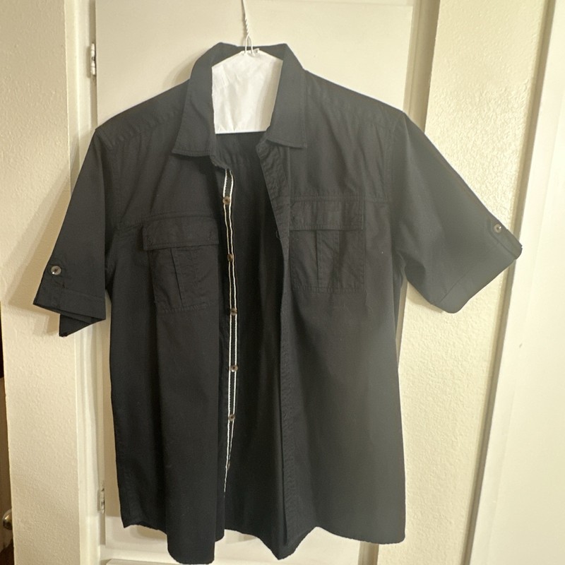 Sean John Y2k Men Black Large Casual Cotton Linen Short Sleeve Button Up Shirt