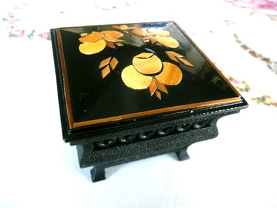 WOODEN BLACK  FLOWER  JEWELRY  TRINKET BOX FLOREAL ART  SLOVENIA HAND MADE