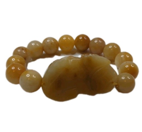 Antique Honey Yellow Jade Dragon Bracelet Round Bead Men Women's Bracelet - Picture 10 of 10