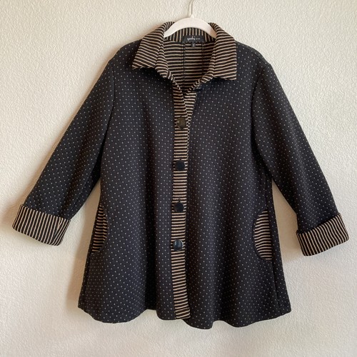 Yushi Black Camel Knit Quilted Swing Jacket Lagenlook Pockets Womens Medium