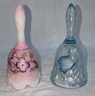 2 Vtg Fenton Hand-Painted Pink & Blue Glass Bells Flowers & Butterflies, Signed