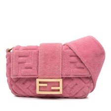 Authenticated Fendi Embossed Terry Cloth FF 1974 Convertible Belt Baguette Pink
