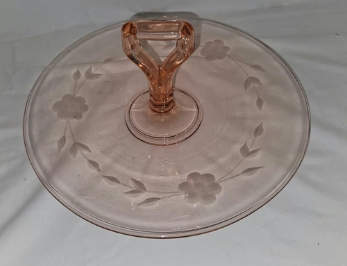 PINK DEPRESSION GLASS - 10" DESSERT PLATTER W/ HANDLE - Etched Flowered