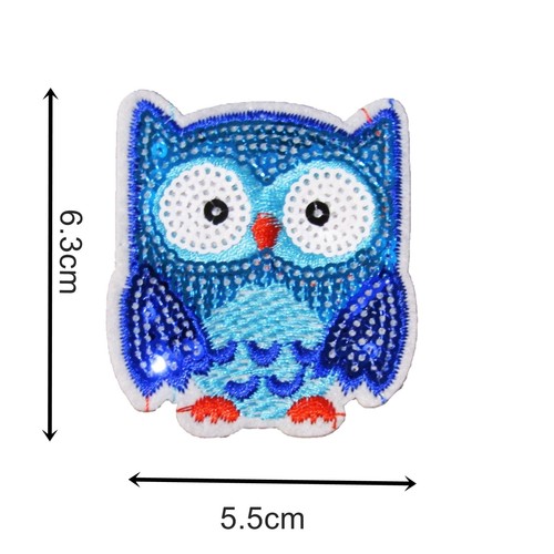 Eule Bügelbild Patch 5,5 cm x 6,3 6 cm Pailletten blau Abzeichen Aufnäher Deko Vogel P090