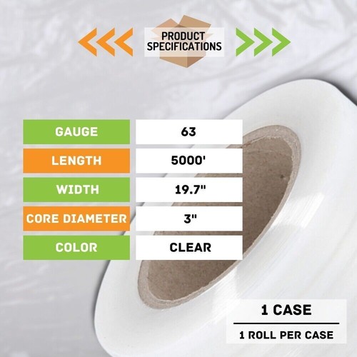 1 Roll Clear 19.7" x 5000 Ft. x 63 Gauge Cast Hand Machine Length Stretch Wrap - Picture 2 of 5