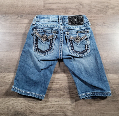 Miss Me Shorts Girls 7 Blue Bermuda Embellished Cross Bling Denim Jean Cowgirl - Picture 2 of 17