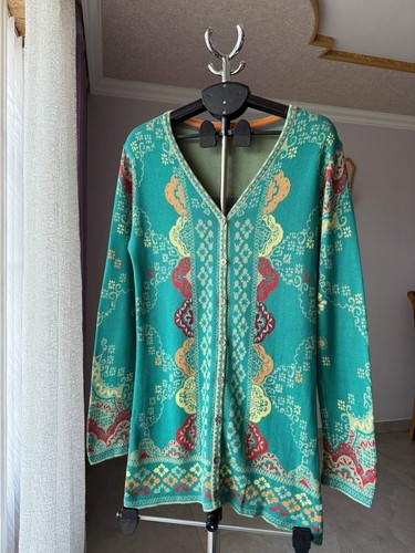 IVKO 100% COTTON GREEN FLORAL LONG CARDIGAN SWEATER BUTTON LONG SLEEVE WOMENS 42