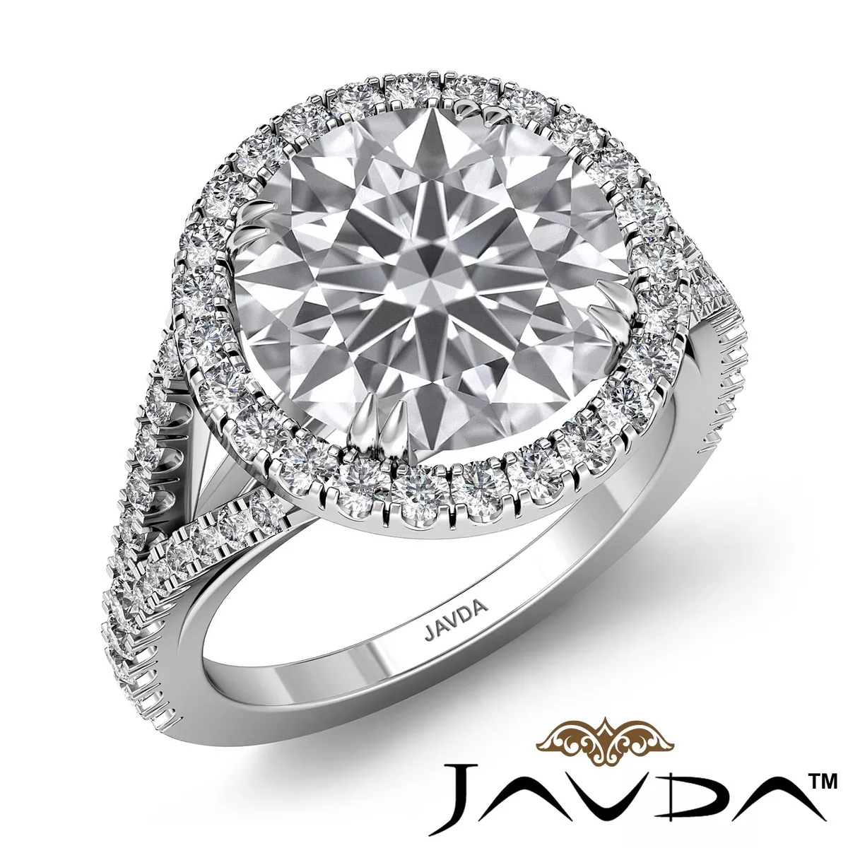 Halo Prong Setting Split Shank Round Diamond Engagement Ring GIA F