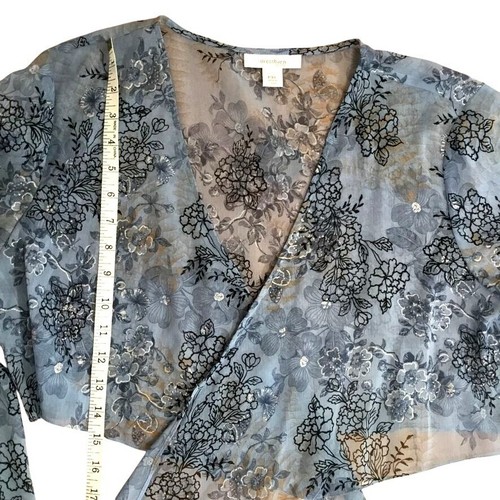 DRESSBARN Women Sheer Blue Floral Tie Front Kimono Sleeve Fairycore Top PXL - 第 4/7 張圖片