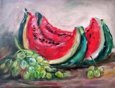 Frutta natura morta dipinto opera d'arte originale uva anguria