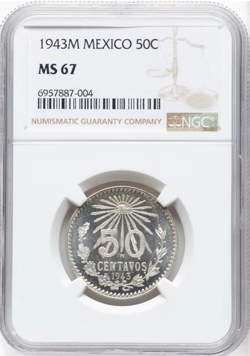 MEXICO ESTADOS UNIDOS 1943 50 CENTAVOS COIN CERTIFIED GEM UNCIRCULATED NGC MS67