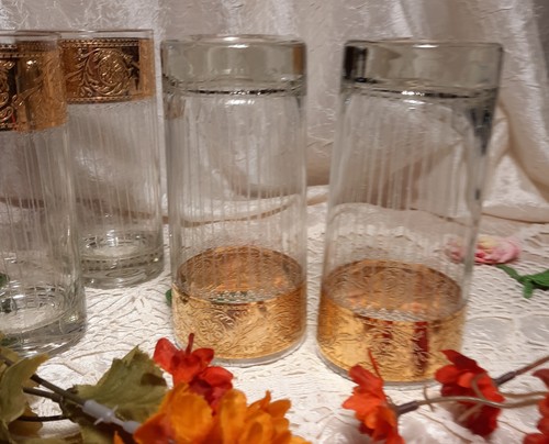 4 Rare Culver TYROL Embossed Gold Rim Highball Glasses Set Lot - Picture 7 of 9