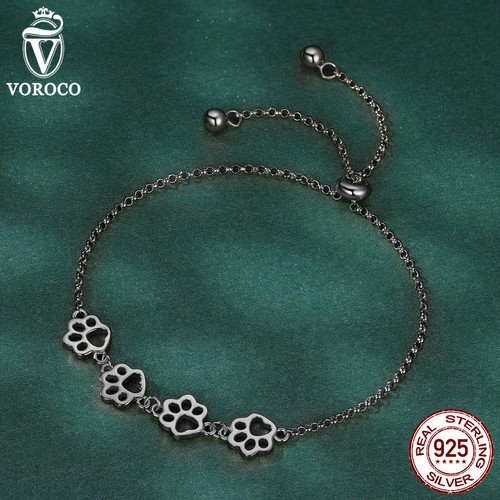 VOROCO 925 Sterling Silver Cute Cat Paw Bracelet Adjustable Footprint Chain 22Cm - Picture 5 of 26