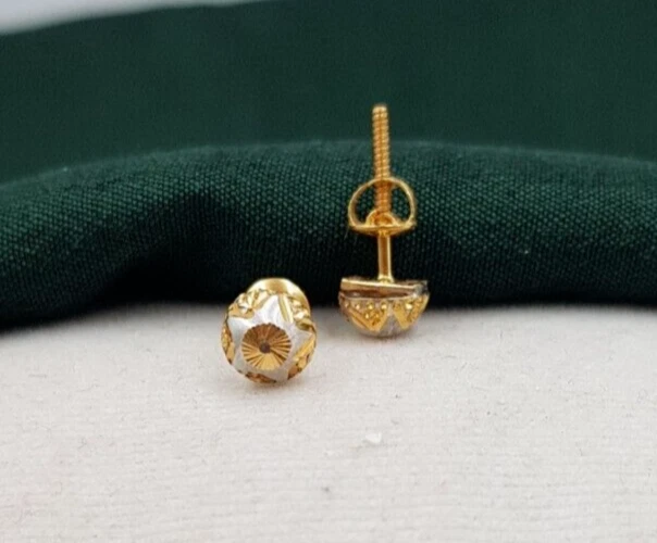 22K Gold Earrings Stud Rhodium Look Unisex Real Yellow Gold Screw Back Earrings - Image 3 of 4