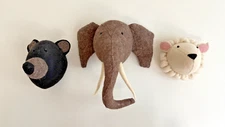 Lot 3 Animal Heads Fiona Walker England Tags Wool Elephant Sheep Bear Nursery 