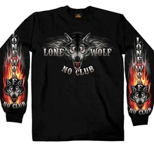 Hot Leathers Black Lone Wolf No Club Biker Long Sleeve Double Sided T-Shirt