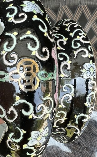 CHINESISCHE VASE FAMILLE NOIRE DRACHE DOPPELOHR SYMBOLE VÖGEL FLORAL PASSENDER STÄNDER - Bild 14 von 20