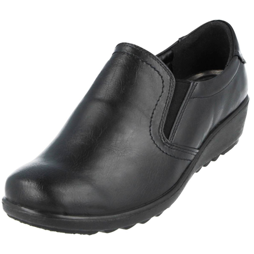 Ladies Cushion Walk Black Faux Leather Slip On Loafer Mary Jane Low Wedge Shoes - Picture 14 of 26