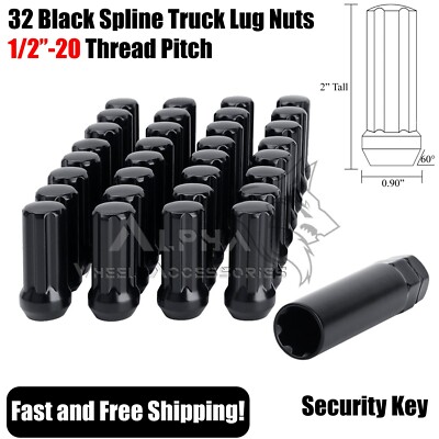 32 Black 1/2''-20 Truck Spline Lug Nuts 2'' Fits Dodge D200 Pickup B300 W200 + Key