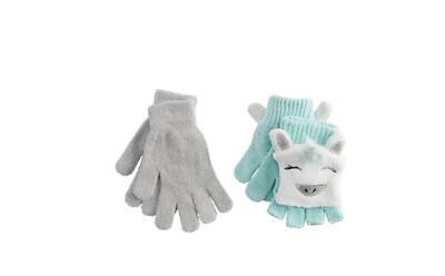 2 Pair Girl Gloves, one Size Fits Most, Solid Gray & White & Turquoise Unicorn