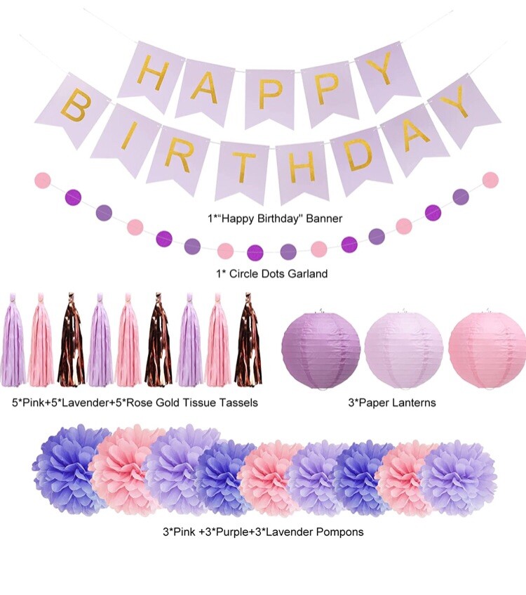 Décorations De Fête D'anniversaire Rose Et Violet – Lot De 31 Pompons En Tissu, Décorations De Fête Prénatale Pour Fille Et Femme, Bannière « Happy Birthday » Panduola
