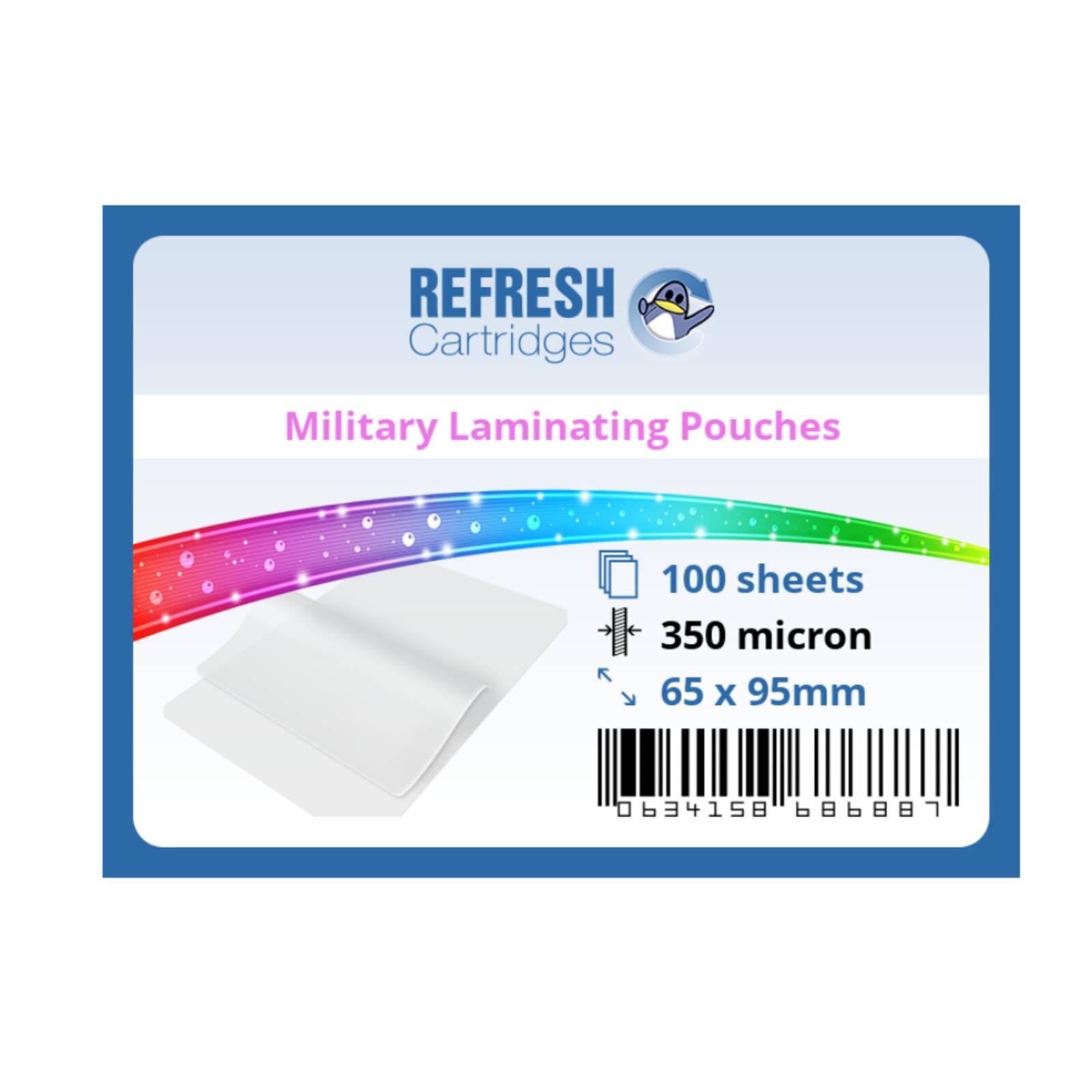 Refresh Cartridges Glossy Laminating Pouches Military 65x95mm 350 Micron /100Pk