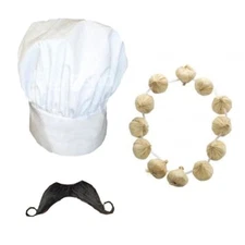 Adult French Frenchman Chef Hat, Garlic Garland & Moustache Tash Fancy Dress Set