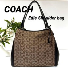 COACH Edie Signature Canvas Leather Shoulder Bag Brown Large Capacity Authentic